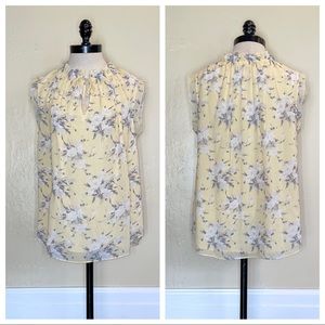 Rebecca Taylor Lemon Rose Floral Silk Blouse Tie Neck Sleeveless Size 8